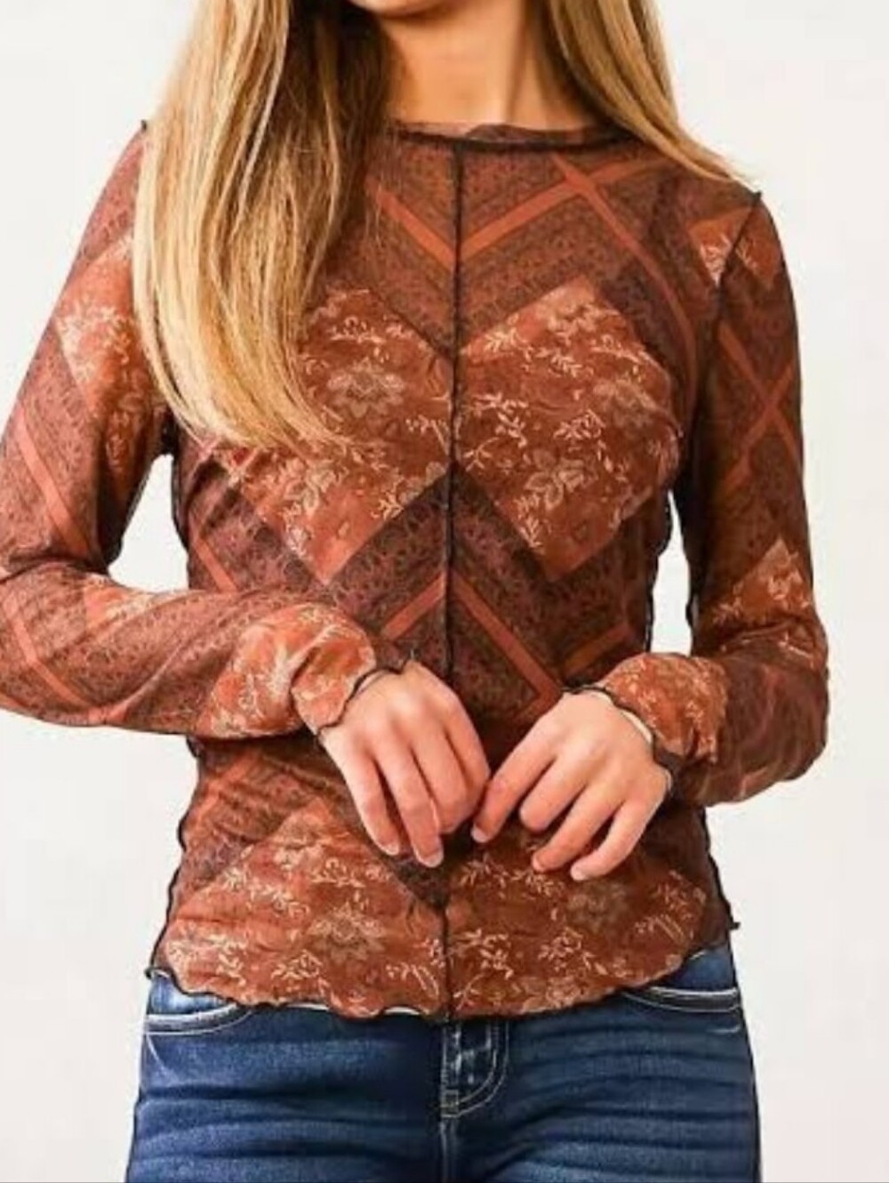 Willow-Root Boho Sheer Long-Sleeve Printed Mesh Top in Rust Brown Sz M